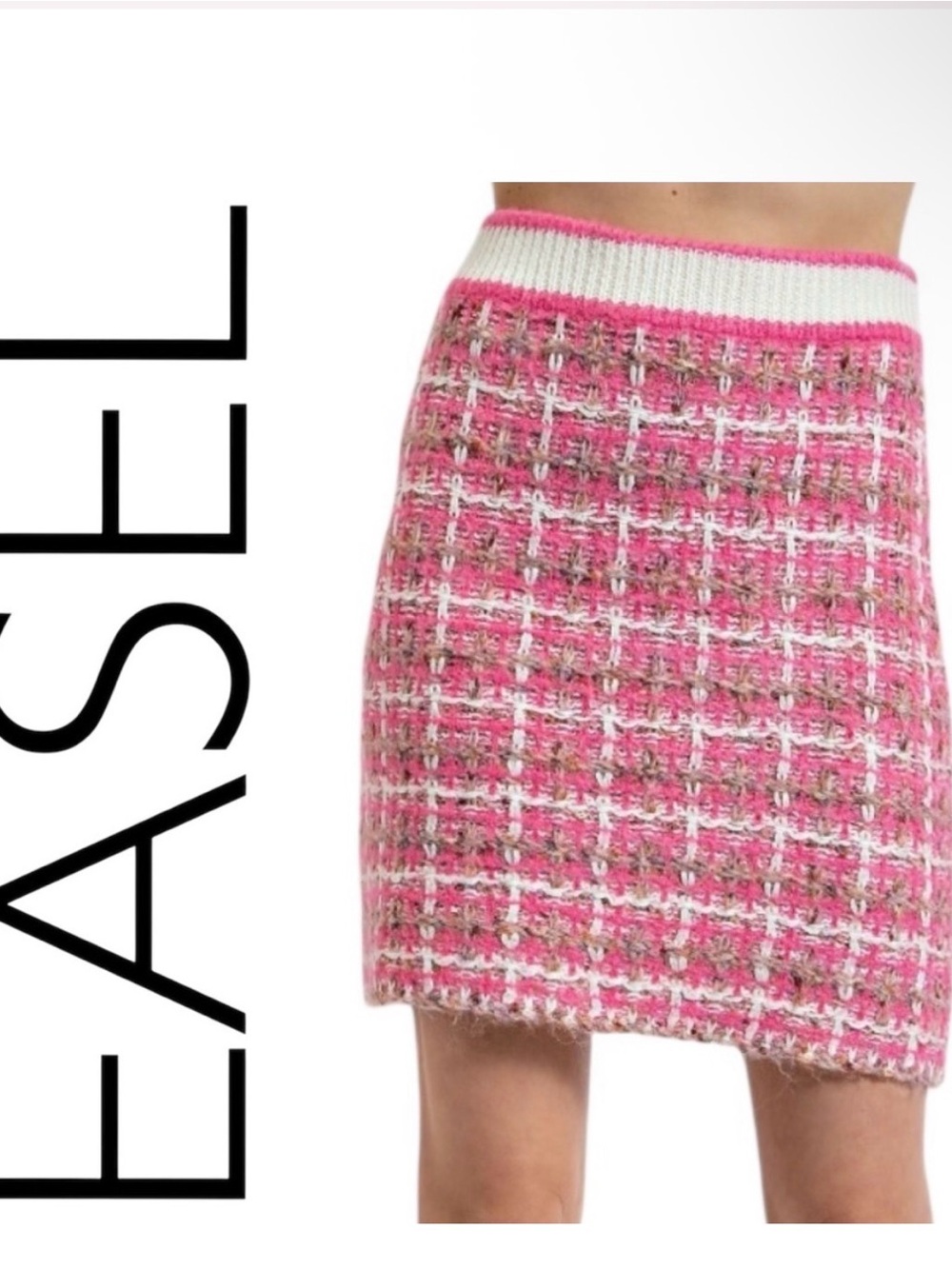 Easel Pink & White Plaid Tweed Knit Mini Skirt